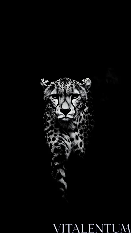 Monochrome cheetah portrait emerging from black void.