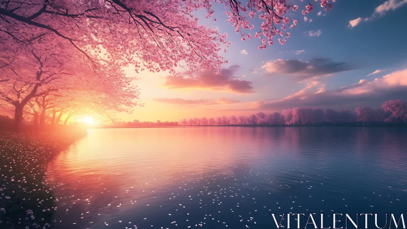 Cherry blossoms glow over tranquil lake at pastel sunset.