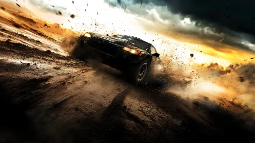 Dirt-slinging rally beast chasing storms at sunset speed.