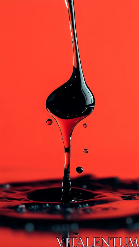 High-contrast black liquid droplet suspended over surface.