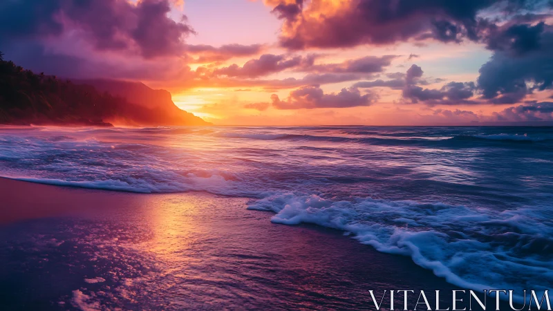 Luminous sunset surf washing over tranquil tropical shore.