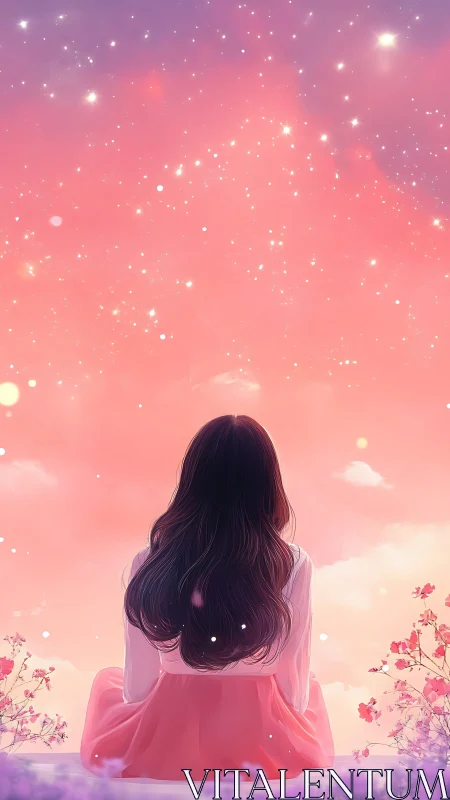 Girl in pink dress beneath luminous pastel night sky.