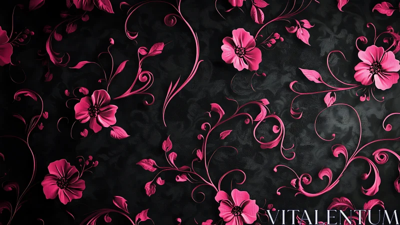 Pink Blooms on Black Baroque Floral Design.