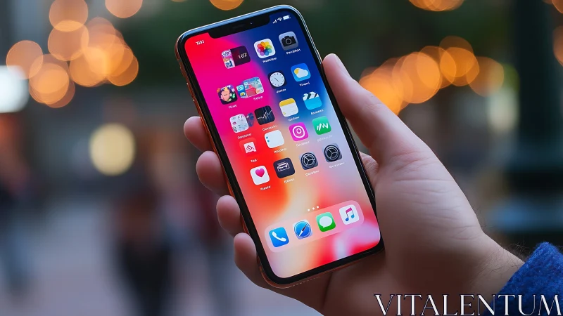 iPhone Home Screen Display with Bokeh Background.