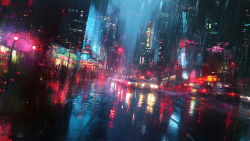 Neon city street glows in vibrant colors on a rainy night