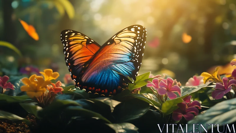Butterfly wings glow over vivid flowers in golden light.
