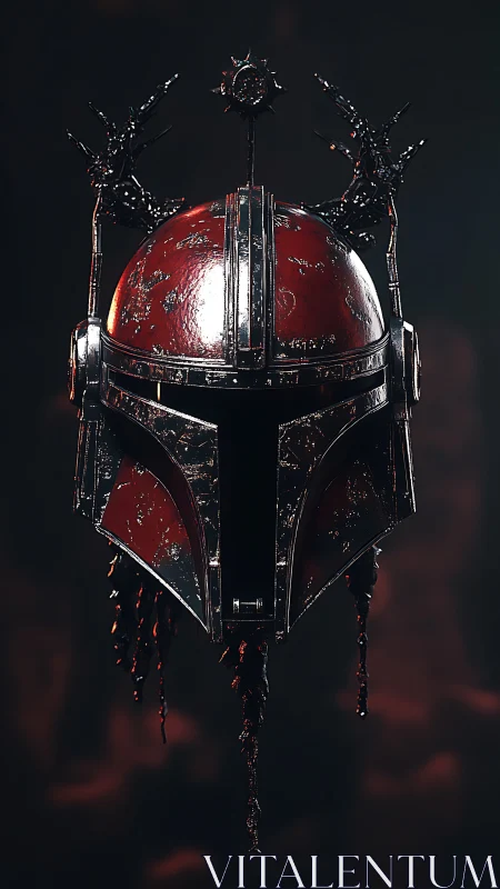 Weathered crimson battle helmet hangs in eerie, quiet light