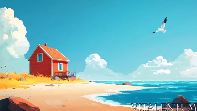 Red Cottage Coastal Landscape with Seabird and Clear Sky Composition