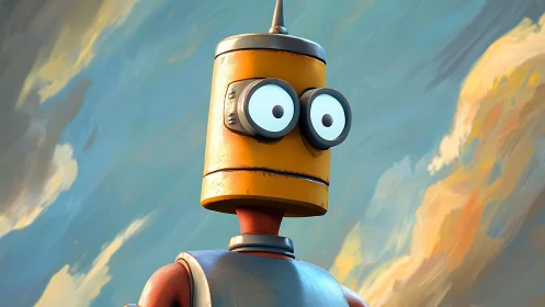 Cylindrical cartoon robot portrait under painterly skyscape.