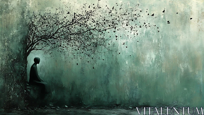 Solitary figure beneath dissolving tree of butterflies.