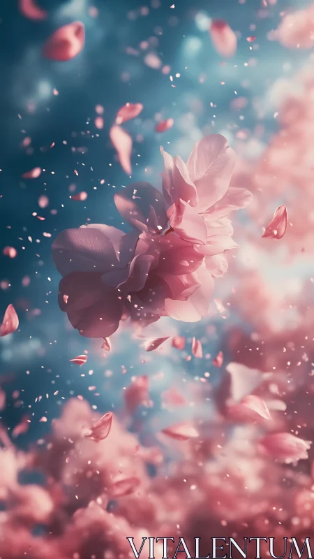 Pink petals dance through dreamlike atmosphere.