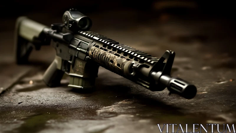 Tactical rifle rests on wet ground under dramatic lighting