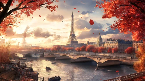 Eiffel Tower overlooks Seine River under warm autumn sunset