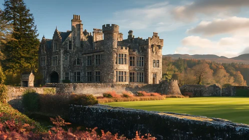 Sunlit stone manor dreaming over emerald country lawns.