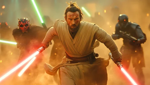 Battle-scorched space warrior charges through neon duststorm.