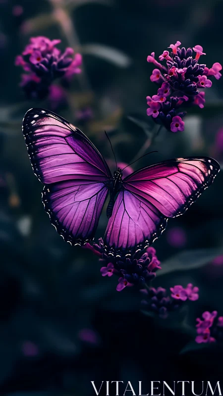Purple butterfly on flowers in dark blurred garden scene.