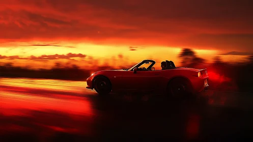 Red sports convertible races into a cinematic sunset blaze