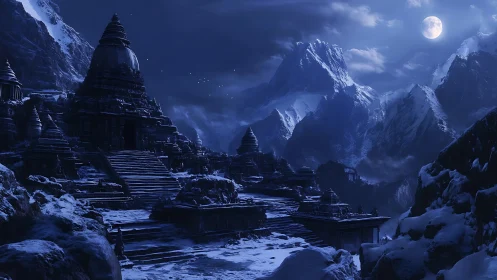 Moonlit Himalayan temple complex in deep cobalt snow. Period.