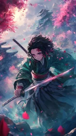 Cherry blossoms swirl as a determined swordsman charges forward