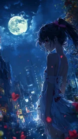 Moonlit anime heroine stands over neon-soaked night city street
