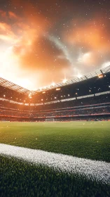 Floodlit football stadium glows under dramatic evening sky
