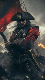 Storm-forged pirate captain stands fearless in roaring chaos