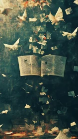 Open book unleashes white doves and burning pages upward