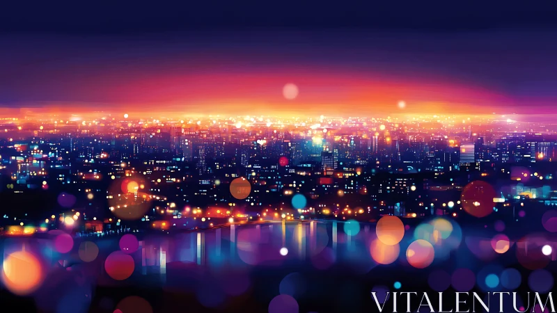 Digital painting of neon city skyline with bokeh haze at dusk.