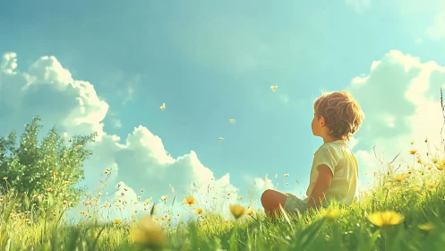 Small dreamer listens to sunlight drift between clouds