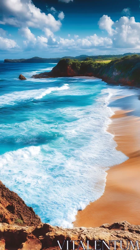 Turquoise surf curls onto golden tropical cliff beach