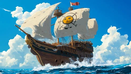 Stylized wooden galleon cuts across vivid open ocean