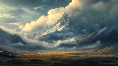 Snow-covered mountain peak rises above clouds and valley