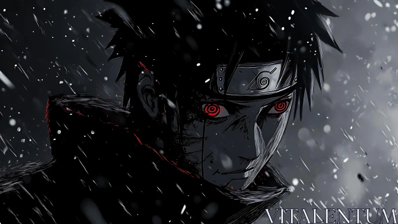 Brooding ninja portrait under stormy snowfall with red gaze