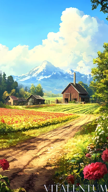 Digital pastoral landscape with floral foreground perspective.