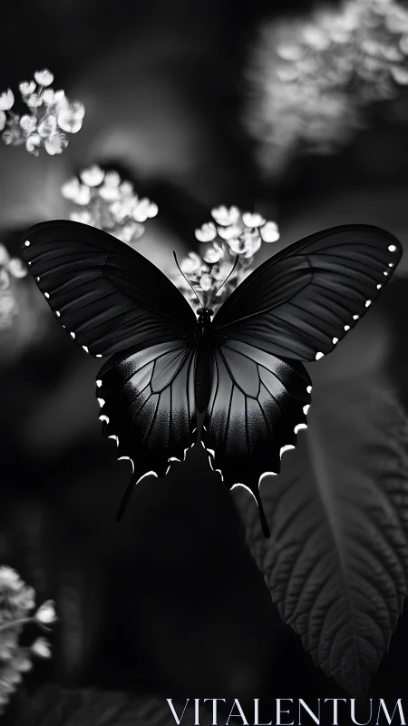 Black butterfly rests on blurred blooms in grayscale garden.