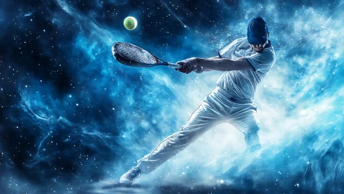 Tennis player executes dynamic forehand in cosmic light field