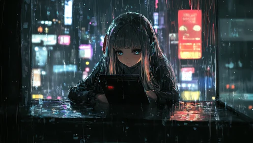 Rainy neon night with a quiet gamer lost in pixels.