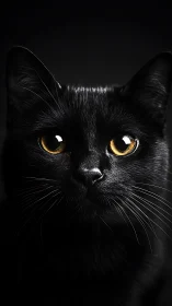 Black Cat with Luminous Golden Eyes Against Dark Background