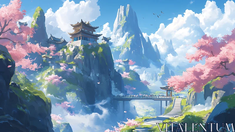 Mountain temple overlooks cherry blossoms and mist valley.