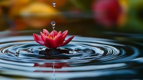 Red water lily is centered in concentric ripples on water