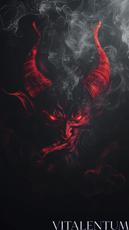 Smoldering horned demon emerging through curling ash smoke.