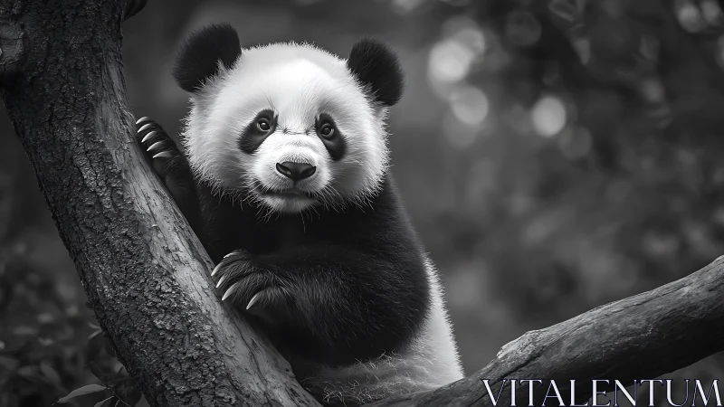 Monochrome wildlife portrait of panda on forest branch.