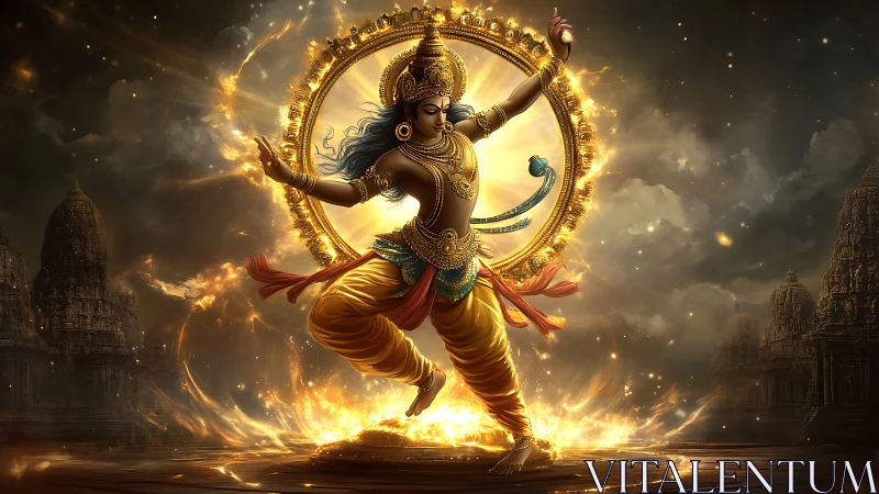 Hindu deity figure dancing within radiant circular halo.