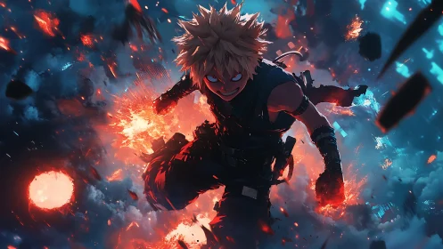 Explosive aerial combat figure amid bifurcated thermal plasma field.