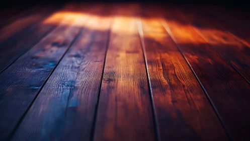 Warm light on polished wooden floorboards at low angle.