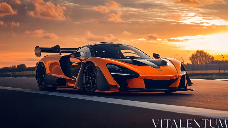 Track-optimized orange hypercar under aerothermal sunset light.