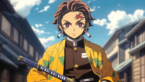 Sword-bearing anime hero in patterned haori on city street.