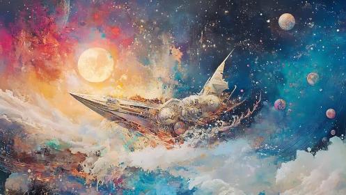 Stellar galleon cutting through nebula surf under moonscape sky.