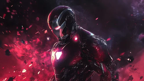 Luminous armored hero glowing in swirling red cosmic storm.