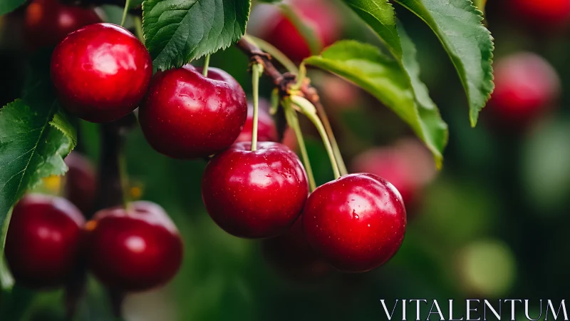 Sun kissed red cherries glow gently on a lush garden tree